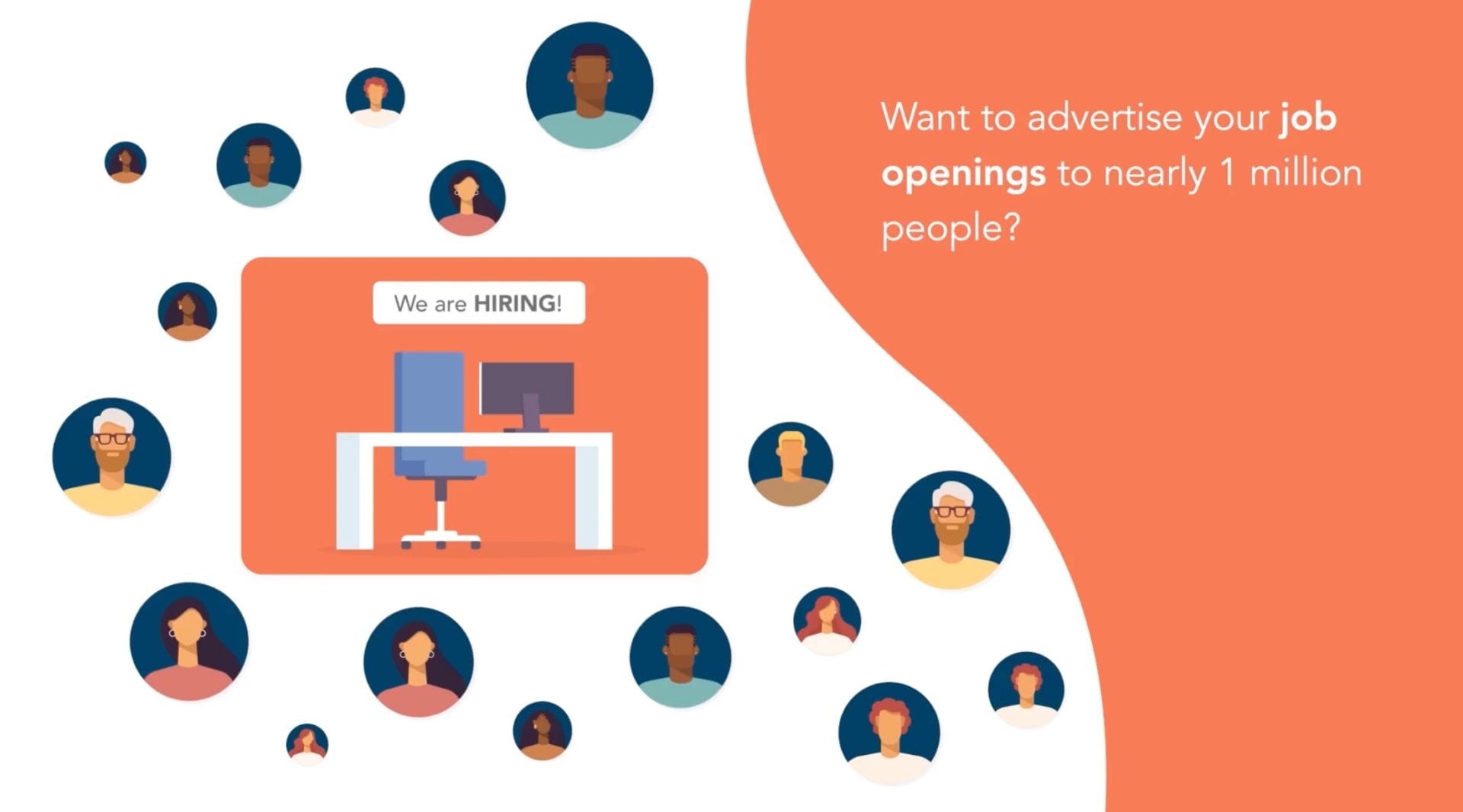 Banner of desk and people icons and text for want to advertise your job openings to nearly 1 million people.