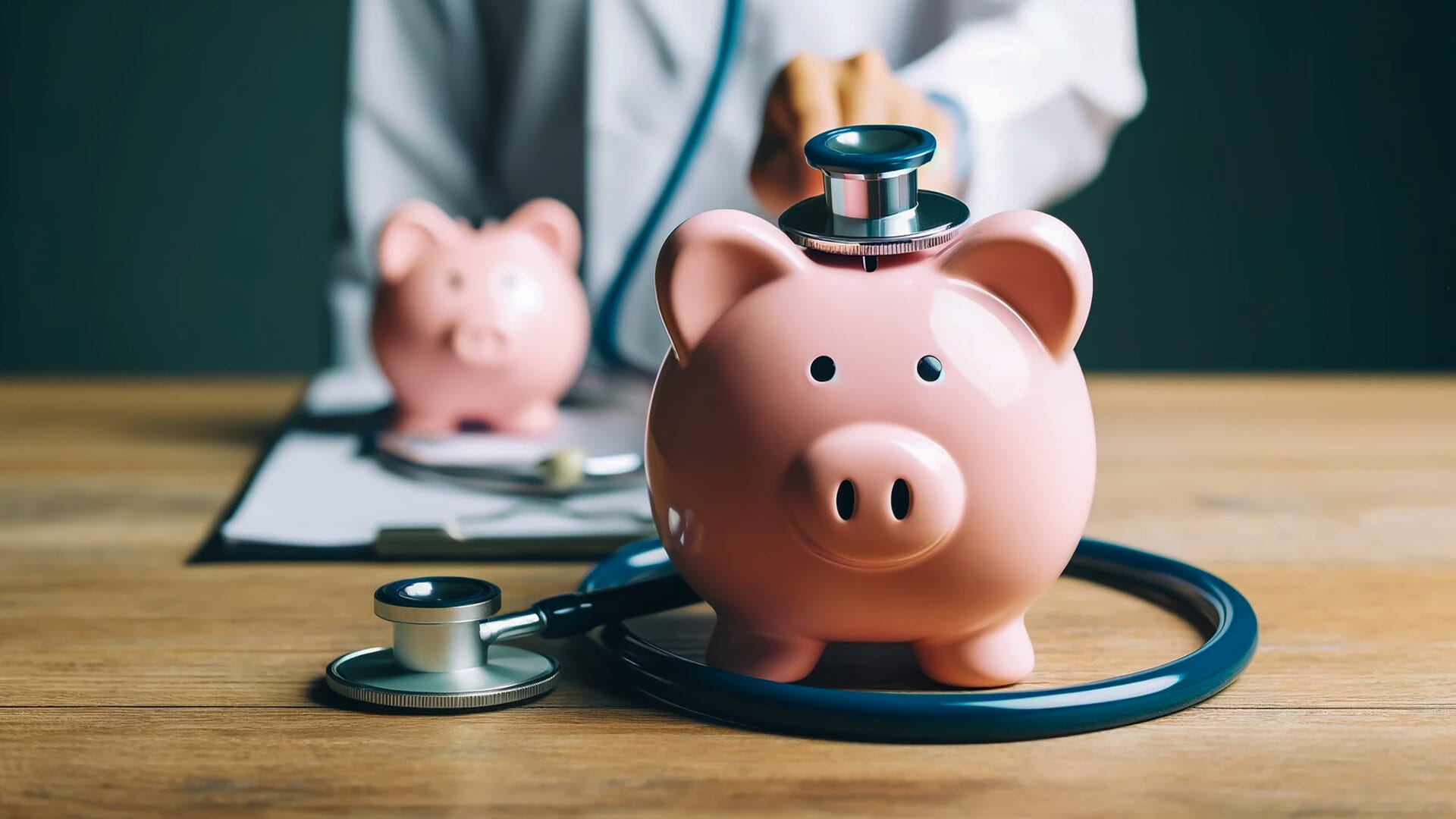 A pink piggy bank wearing a stethoscope, symbolizing financial savings and health insurance decisions, with a doctor in the background holding a clipboard.